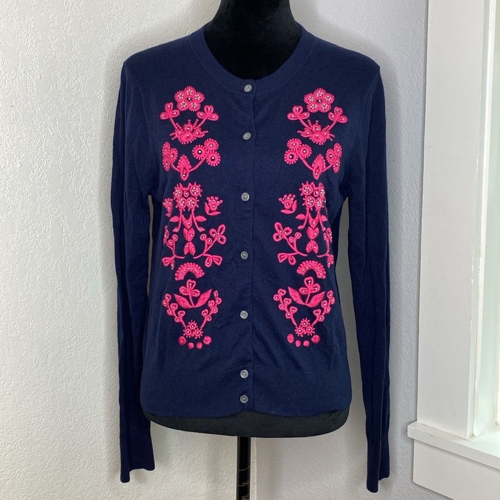 J. Crew Navy Cardigan with Pink Floral Embroidery